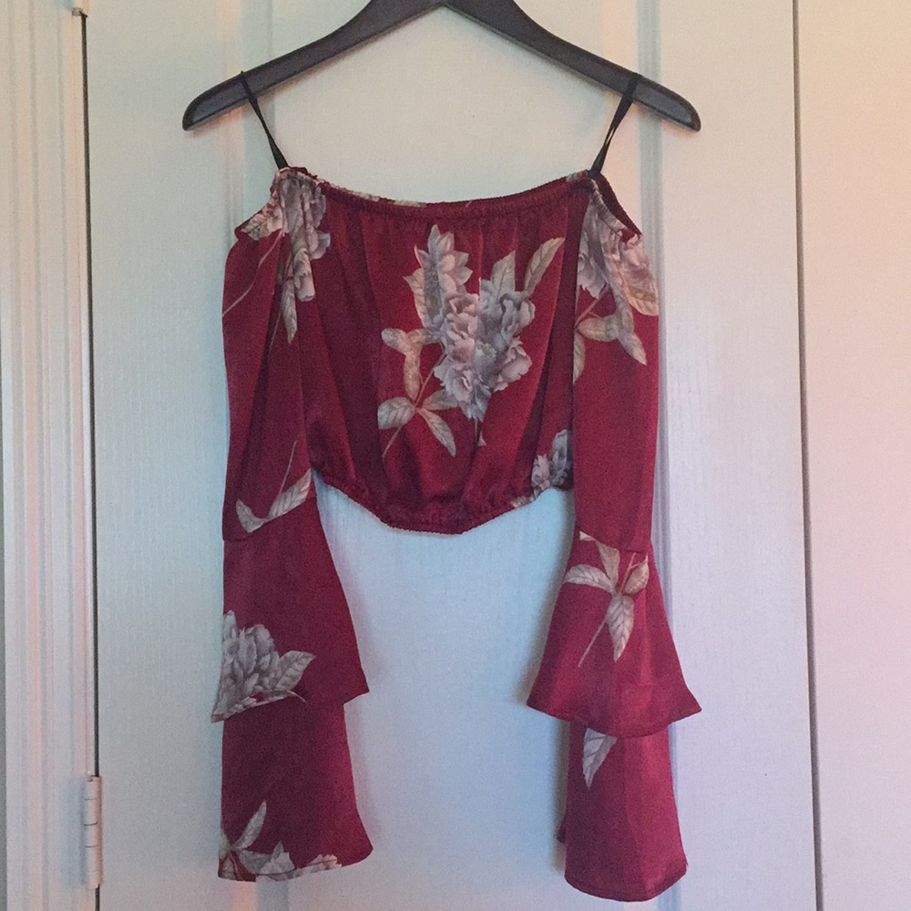 Papaya off-the-shoulder crop top w/ bell sleeves